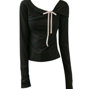 Áo Thun Cotton Modal Dài Tay Ôm Vừa Vặn Cho Nữ Mùa Thu Phong Cách Mới Cổ Tròn Không Mũ Thiết Kế Thắt Nút Bướm