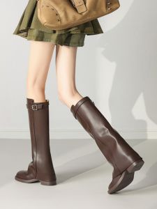 Global Design Cowhide Long Boots Womens New 2025 Chunky Heel 4.5cm Leather Shoes Fashionable Elegant Ankle Support