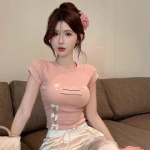 GUZILIAN | Sweet Butterfly Knot Short Sleeve T-Shirt Womens Slimming Embroidered Bodycon Summer Hot Girl Show Figure Korean Style Top