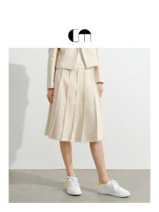 Fall Winter White Tweed Pleated Skirt