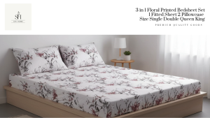 SevHome 3 in 1 Floral Printed Bedding Set Bedsheet Garterized Bed Sheet 1 Fitted Sheet cover 2 Pillow Case Size Single Double Queen King