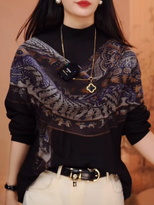 Fancy Double-Sided Australian Velvet Long Sleeves Printed Bottoming Shirt Womens Fall and Winter New Arrival Half Turtleneck Loose Western Style Belly-Covering Coat