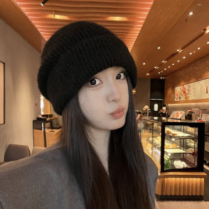 INS Japanese Style Fall and Winter Big Head Circumference Loose Knitted Hat Female Warm Ear Protection Three-in-One Pile Heap Cap Face Slimming Beanie Hat