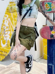 Váy Ngắn Chữ a Cạp Cao Màu Xanh Quân Đội Phong Cách Mỹ Cho Nữ Mùa Hè Dáng Rộng Ôm Sát Cơ Thể Váy Ngắn Đa Năng
