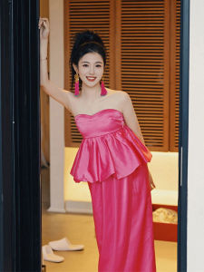 Bridal Morning Dress Morning Gowns New Chinese Style Wedding Toast Dress Engagement Tube Top Dress Fancy Dragon Fruit Color