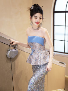 ชุดราตรีเอวสูงประดับคริสตัล ชุดเสื้อเชิ้ตลำลองสไตล์เกาหลี กระโปรงยาวคลุมเข่า ผ้าไนลอน ฤดูใบไม้ร่วง 2024 ชุดงานปาร์ตี้