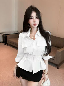 GUZILIAN | เสื้อเชิ้ตคอโปโลแขนสั้นทรงเข้ารูปสไตล์ฮ่องกงสำหรับผู้หญิง ทรงสลิมฟิต ทรงเข้ารูป เสื้อเชิ้ตแขนยาว 7 ส่วน ทรงเข้ารูป