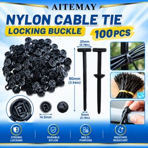Aitemay 100pcs Nylon Cable Tie Buckle Universal Self Locking Zip Ties One Button Fastening Multipurpose Tool Car Home Garage Black 90mm