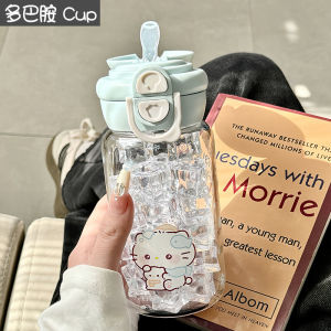 Summer New High Aesthetic Value Glass Water Cup Cute Portable Double Drink Straw Cup for Outing Women Creative Printed Borosilicate Glass Cup
