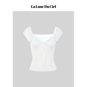 La lune Du ciel | Áo Chiffon V-neck Thon Gọn Cao Cổ Đính Ren