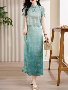 Elegant Ice Silk Cheongsam Dress Womens Fashionable Two-Piece Set National Style Retro New Chinese Style Summer 2025