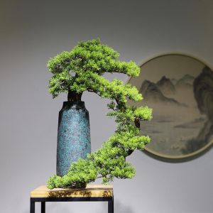 New Chinese Style Large Artificial Pine Tree Landscape Zen Decoration Solid Wood Wealth Attracting Living Room Entrance Model Room Decorations