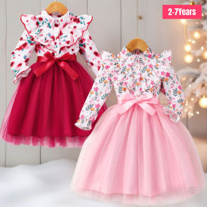 New Autumn Kids Girls Dress Long Sleeve Spring Gauze Belt Children Dress Soft Ventilate Cute Comfort Girls Clothing 2-7 Years