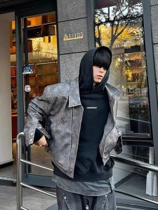 Cleanfit Premium Short Shoulder Padded Mens Leather Jacket Spring Autumn Fashion Casual Loose Fit Metal Decorated Zipper