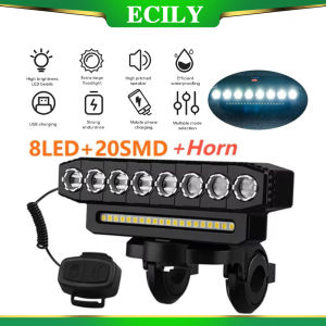 ECILY High-brightness Bicycle Lights Night Cycling Lights Rotating ABS Horizontal 8-LED High And Low Beam Headlights COB Headlights With Horns USB Charging MTB Headlight Bicycle Light Waterproof Cycling Lamp