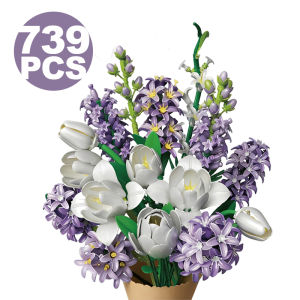 Creative 739PCS White Tulip Bouquet Building Blocks Violet Immortal Flower Home Desk Plant Decoration Assemble Bricks Toys Gifts