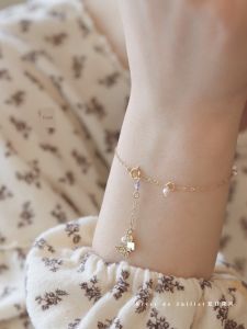 Brise De Juillet Summer Breeze Hollow Butterfly Crystal Pearl Gold Plated Bracelet Korean Style Floral Pattern Womens Jewelry