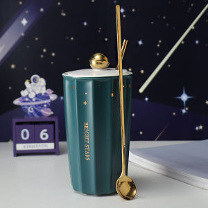 Mens Design Ceramic Mug with Lid Spoon Straw