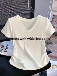 LINGLONGDAI | Pure Cotton White V-Neck Short Sleeve Base Shirt Women Summer Slim Fit Pleated Asymmetrical Arc Top Trendy Commute Style