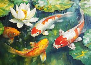 Bộ Tranh Sơn Dầu Phong Cảnh - Tranh Vẽ Tự Làm Cá Koi Lá Sen Trên Nền Hồ - Trang Trí Nhà Cửa - Vẽ Theo Số Theo Phương Pháp Paint By Numbers