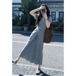 Karrar betsey | French Stylish Gray V-Neck Twist Waist Dress