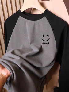 เสื้อยืดคอกลมแขนยาวผ้าขนแกะสองหน้าสำหรับผู้ชาย ฤดูใบไม้ร่วง/ฤดูหนาว เสื้อชั้นในแบบหลวมๆ อบอุ่นสบายๆ ลำลอง