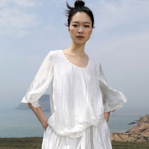 Silk Velvet Short Top Womens Fashion Summer New Loose Asymmetrical Hem Knot Short Sleeve T-shirt round Neck Commute Style