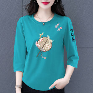 Womens Cotton Cropped Sleeves Tops Womens Spring/Summer New round Neck Loose Slim Looking All-Matching Western Style Irregular T-shirt Womens