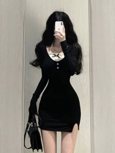Korean Style Long Sleeve Bodycon Dress Tight Fit Wrap around Skirt Date Night Gown Autumn New Arrival Youth City Commute