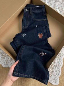 Quần Jeans Denim Ống Rộng Thêu Hình Chó Cổ Điển Cho Nữ Quần Dài Cạp Cao Ôm Dáng Mùa Thu Thường Ngày Quần Jeans Nữ