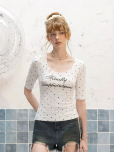 Unifree | White Letter Print Dots Short Sleeve U-Neck Slim Fit Korean Style T-Shirt