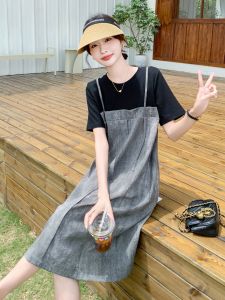 Color Block Fake Two-Piece Dress Summer Womens Loose Midi T-Shirt Dress High Waist A-Line Korean Style Short Sleeve round Neck