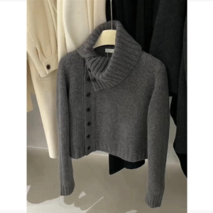 Korean Style Thickened High Collar Knitted Sweater Coat for Women Autumn Winter New Style Small Audience Button Flip Collar Cardigan