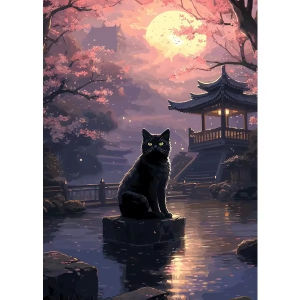Jigsaw Puzzle 1000Pieces Black Cat Cherry Blossom Tree Japan Sakura Artwork Stress Relief Puzzle Wall Art Decor Gift