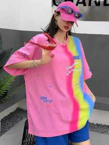 European Goods 2024 Summer New Arrival Fashion Color Graffiti Printing Short Sleeve Womens Loose Large Version Mid Length Long Length Anti-Aging Top