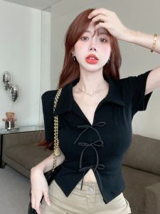 Pure Sweet and Spicy Bows Polo Collar Short Sleeve T-shirt Womens Summer Stylish Niche Style French Short Shoulder Tops