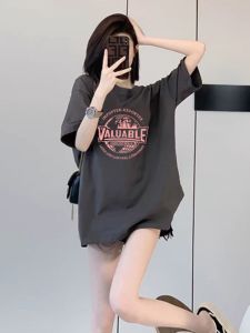 SUSHOUWANGE | Dark Gray Premium Cotton T-Shirt Womens Loose Oversized Top 2026 Summer New