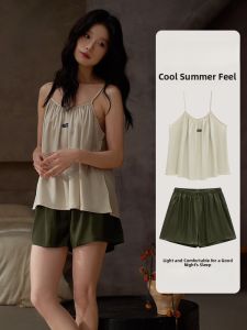 MiiOW | MiiOW Ice Silk Sleepwear Womens Summer Thin Strap Shorts Set Simple High-End Feeling Ladies Home Clothes Can Be Worn Outside