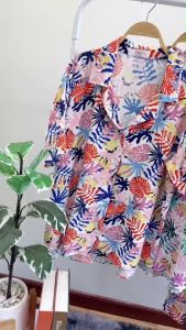 S22414  Set 2 ชิ้น #ลายใบไม้ เสื้อปกฮาวาย + กางเกงขายาว