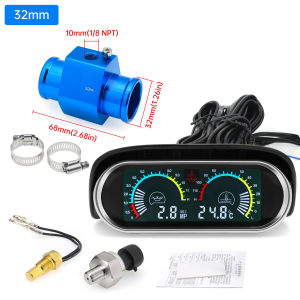 RYSJM | 12V 24V 2 In 1 Car Truck LCD Gauge Water Temperature Oil Pressure Gauge With Sensor 1/8NPT Adapter Blue/Black  For Car Auto