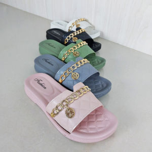 Sandal Wanita Selop Flat Hiasan Rantai Kasut Cewek Korea Kasual Trendy Slip On Empuk COD SPT-54