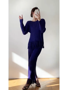 KESHANGYI Miyake Pleated Tassel Pants Set Women Spring/Summer New Loose Pleats 2-Piece Set Solid Color Round Neck Casual Long Sleeve