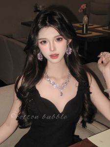 Luxurious Purple Diamond Embedded Necklace Earring Set for Women Exaggerated Evening Gown Bridal Accessories High-End Clavicle Chain