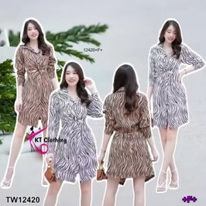 P12420 เดรสคอปก ม้วนไขว้ด้านหน้า ลายม้าลายCrew neck dress cross front zebra print