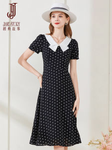 Black Polka Dot Doll Collar Womens Dress Summer 2025 New Butterfly Knot Elegant Mini Dress Jane Story Commute Style