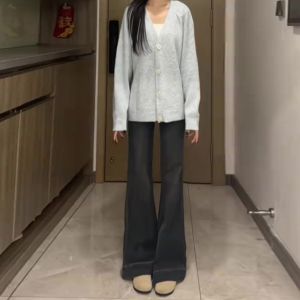 สีน้ําเงินเข้มสูง เอว พรางหุ่น กระดิ่งด้านล่าง กางเกงยีนส์ ผู้หญิง ฤดูใบไม้ผลิ ฤดูใบไม้ร่วง รูปแบบใหม่ ขนาดเล็ก ทันสมัย กางเกงขายาว