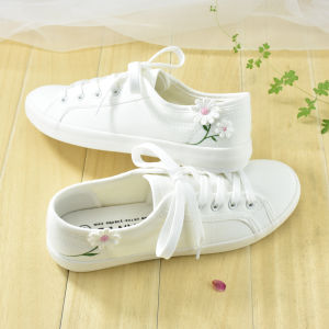 Fall Womens Ethnic Style Hanfu Embroidered Artistic  Canvas White Sneakers Low Help Single Color Daisy Casual Traditional Cloth Shoes