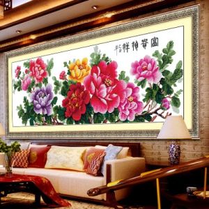 New 2024 Cross Stitch Silk Thread Living Room Peony Flower Wealth And Prosperity Large Size Hanging Painting Home Decor