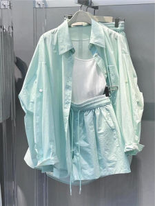 Bộ Đồ Hai Mảnh Mùa Hè Màu Xanh Lá Cây Chống Nắng Thường Ngày Không Giống Nhau Áo Khoác Và Quần Short Cotton Dài Tay Cho Nữ