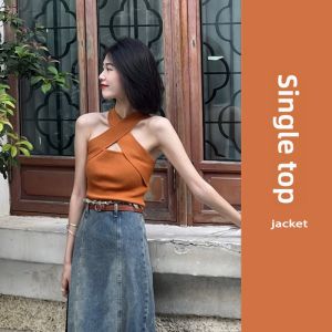 YUEZHONGWEI | Orange Cross-Neck Knit Halter Top